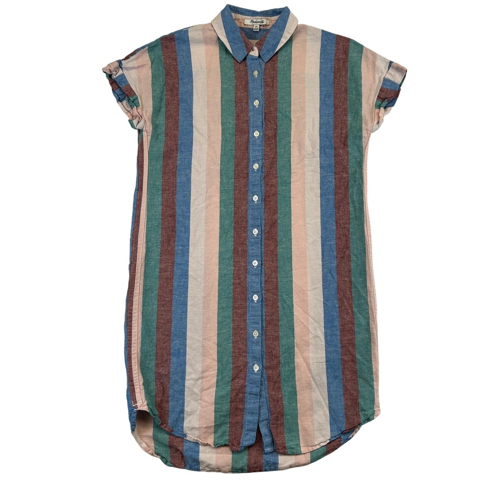 Madewell Central Shirt Dress Womens XXS Stripe Linen Button Front Short Sleeve